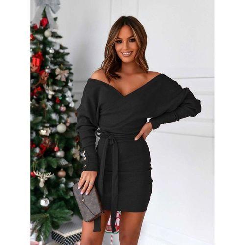 Kadın Uzun Kollu Kruvaze Yaka Bağcık Detay Akrilik Mini Boy Elbise