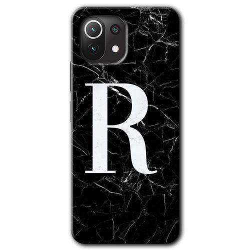 Xiaomi Mi 11 Lite Kılıf HD Desen Baskılı Arka Kapak + Temperli Cam - Siyah Mermer Desenli R Harfi