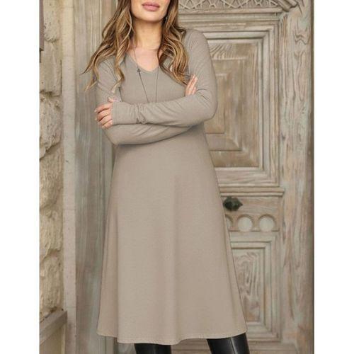 Kadın Uzun Kollu V Yakalı Salaş Midi Akrilik Elbise