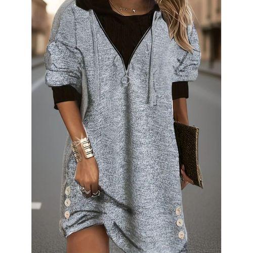 Kadın Uzun Kollu Kapşonlu önden Fermuarlı Düğmeli Mini Iki Iplik Elbise