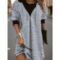 Kadın Uzun Kollu Kapşonlu önden Fermuarlı Düğmeli Mini Iki Iplik Elbise