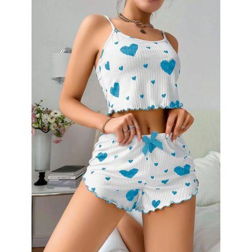 Kadınbeyaz Mavi Kalp Desenli Askılı Şortlu Pijama Takım 6657
