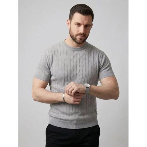 Erkek Yazlık Triko Dokuma Tişört Kısa Kol Bisiklet Yaka Örgü Desenli T-Shirt - Gri