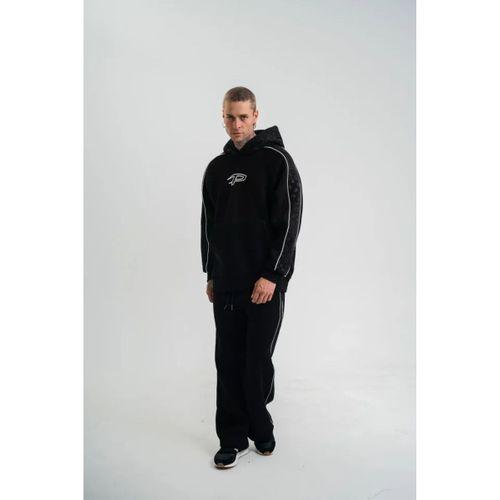 Uzun Kol Kapşonlu Ara Biyeli Baggy Eşofman Takım - Siyah