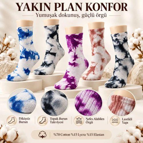 Unisex Batik Desenli Çorap 5'li Set Pamuklu Renkli Uzun Soket Dikişsiz Nefes Alan Günlük Spor Çorabı