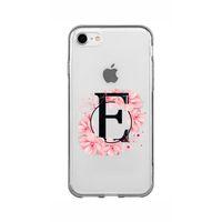 iPhone 8 Pembe Çiçek Desen E Harfli Şeffaf Kılıf