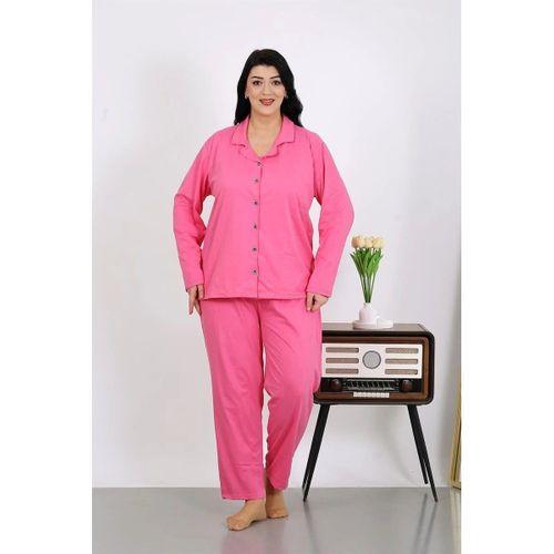 Kadın Büyük Beden Pamuklu Cepli Düğmeli Pembe Pijama Takım