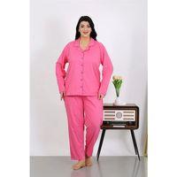 Kadın Büyük Beden Pamuklu Cepli Düğmeli Pembe Pijama Takım