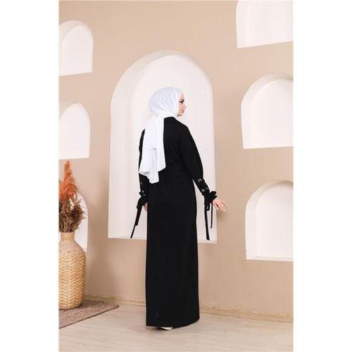 Belden Bağlamalı Çıtçıtlı Kol Şerit Detaylı Uzun Elbise - 71183.003 - Siyah