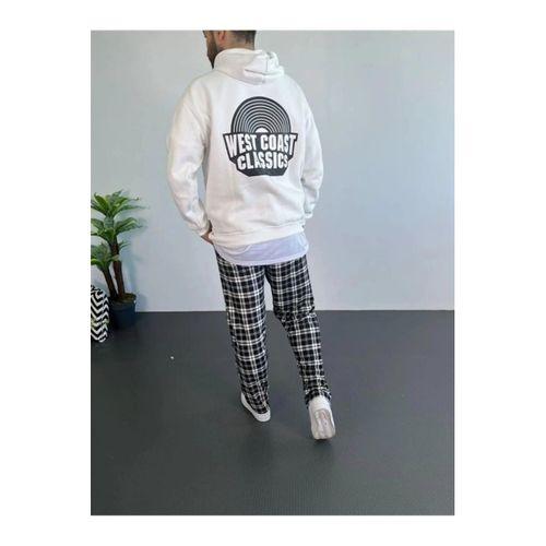 Erkek Oversize Üç İplik Kapüşonlu Sweatshirt – Beyaz Ön Baskılı, Kanguru Cepli, Rahat Kalıp, İçi Pamuklu Model