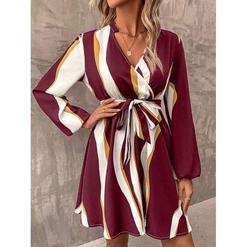Kadın Uzun Kollu Kruvaze Yakalı Desenli Modal Mini Elbise
