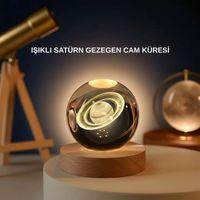 Satürn Gezegenli Kristal Küre Led Lamba Usb’li Ahşap Standlı