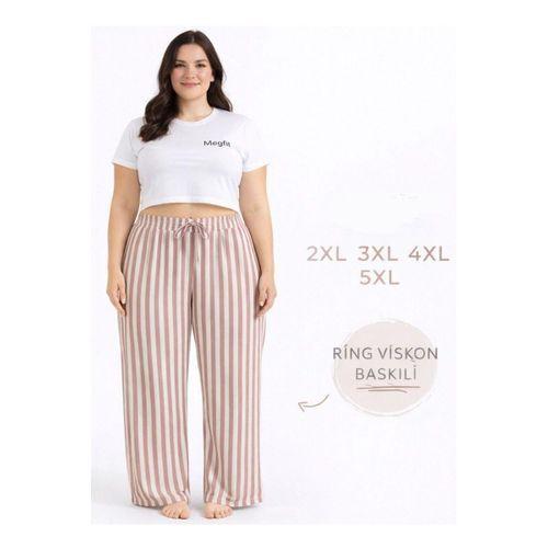 Viskon Pamuklu Kadın Büyük Beden Gül Kurusu Çizgili Pijama Pantolon - MGB003 - Mudanis