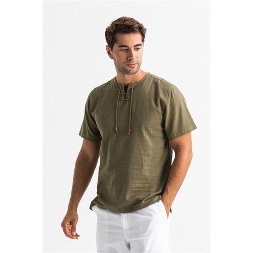 Büyük Beden Kısa Kol Şile Bezi Zımbalı Erkek Yazlık Tshirt Haki 3049