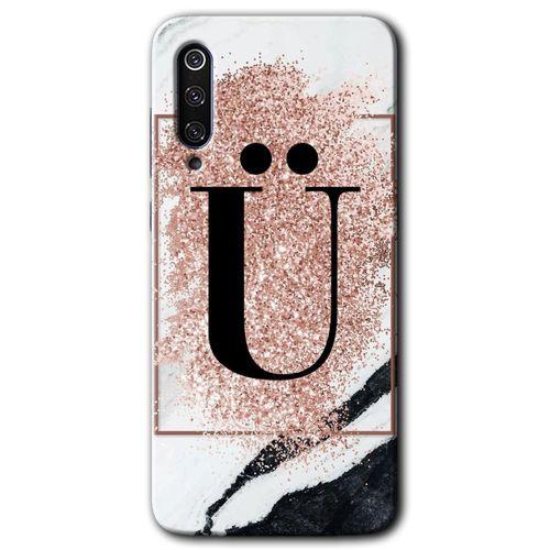 MRCİLETİSİM Xiaomi Mi 9 Kılıf Baskılı Kapak - Pembe Mermer Desenli Ü Harfi + 5D Tam Kaplayan Cam