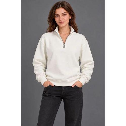 Üç İplik İçi Şardonlu Dik Yaka Yarım Fermuarlı Kışlık Sweatshirt - Beyaz