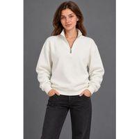 Üç İplik İçi Şardonlu Dik Yaka Yarım Fermuarlı Kışlık Sweatshirt - Beyaz