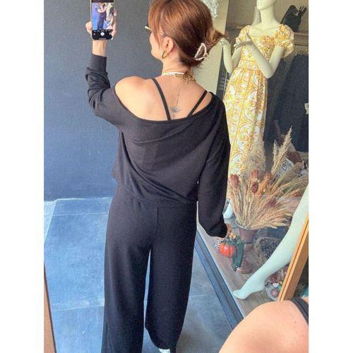 Kadın Uzun Kollu Tek Omuzdan Açık Viskon Iki Iplik Bluz Ve Pantolon Ikili Takım