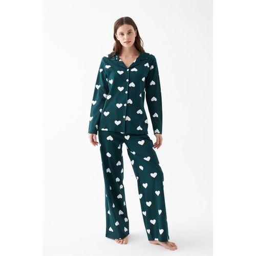 Kadın Zümrüt Yeşili Kalp Desenli Düğmeli Pamuklu Pijama Takımı