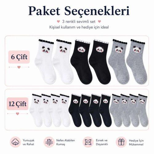 Kadın Panda Desenli Kısa Konç Çorap 12'li | %80 Pamuklu Dikişsiz, Siyah Beyaz Gri