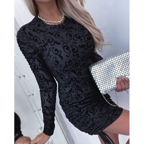 Lucky Life Kadın Uzun Kollu Bisiklet Yaka Yandan Büzgülü Flok Baskı Sandy Elbise