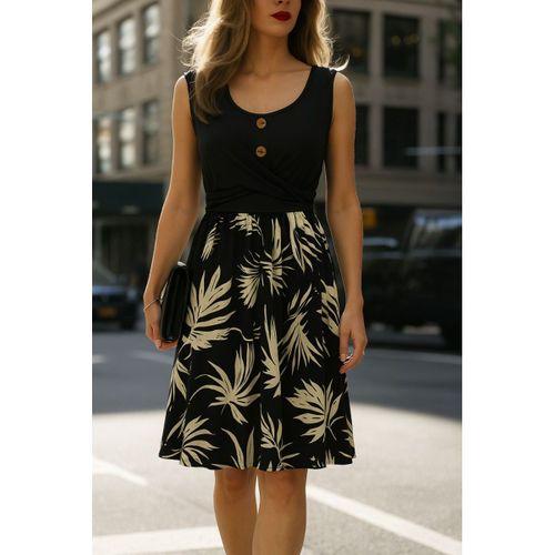 Kadın Askılı Yuvarlak Yaka Düğmeli üst Viskon Alt Desenli Süprem Elbise