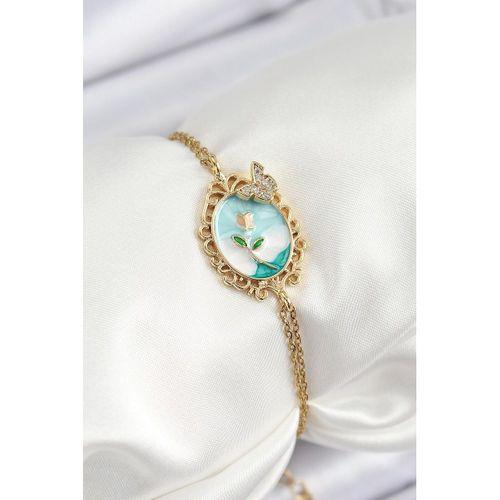 316L Çelik Zincir Mineli Sanatsal Portre Zirkon Taşlı Kelebek Detaylı Çiçek Model Gold Renk Kadın Bileklik