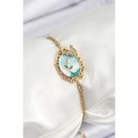 316L Çelik Zincir Mineli Sanatsal Portre Zirkon Taşlı Kelebek Detaylı Çiçek Model Gold Renk Kadın Bileklik