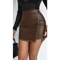 Kadın Yüksek Belli Yandan çivili Mini Deri Etek