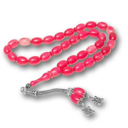 Gümüş Püsküllü Pembe Sıkma Kehribar Tesbih