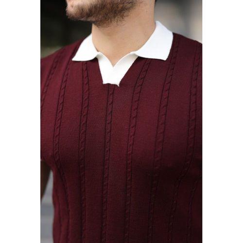 Erkek Örgü Desen Yakalı Kısa Kollu Triko Tişört - %100 Pamuk Akrilik