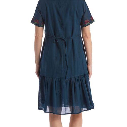 Kısa Kol Petrol Bağcıklı V Yaka Nakışlı Yazlık Vual Kısa Elbise