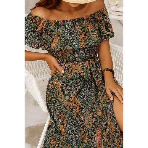 Kadın Kısa Kollu Madonna Yaka Fırfırlı Belden Yırtmaçlı Maksi Süprem Elbise