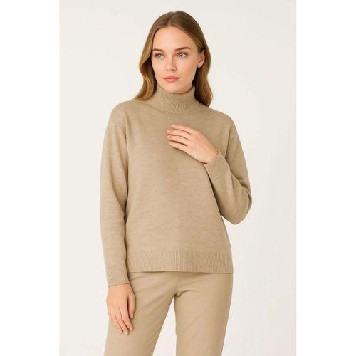 Yarım Boğaz Triko Kazak Yumuşak Dokulu Pamuklu Ince Dokuma, Uzun Kollu Rahat Regular Kalıp - Bej