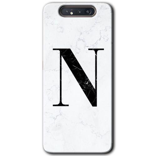Galaxy A80 Kılıf HD Desen Baskılı Arka Kapak - Beyaz Mermer Desenli N Harfi + Kırılmaz Cam