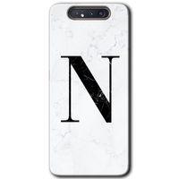 Galaxy A80 Kılıf HD Desen Baskılı Arka Kapak - Beyaz Mermer Desenli N Harfi + Kırılmaz Cam