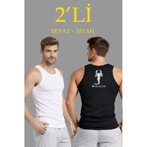 Erkek Spor Fitilli Atlet 2li Set Siyah Ve Beyaz Slim Fit Kaşkorse Arka Baskılı Spor Atlet