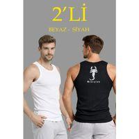 Erkek Spor Fitilli Atlet 2li Set Siyah Ve Beyaz Slim Fit Kaşkorse Arka Baskılı Spor Atlet