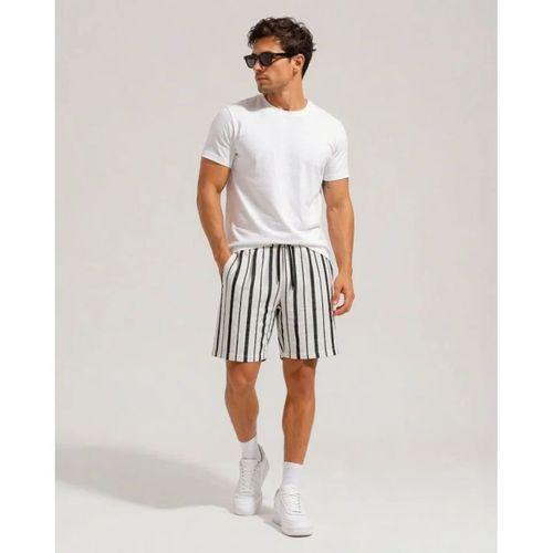 Erkek Çizgili Yazlık Şort Dokuma Kumaş Lastikli Bel Cepli Rahat Kesim - Ekru