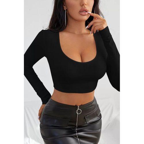 Kadın Siyah Uzun Kol Kare Yaka Crop Top Bluz