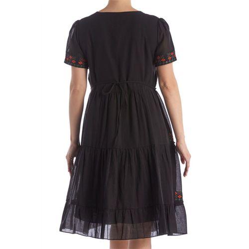 Kısa Kol Siyah Bisiklet Yaka Nakışlı Otantik Vual Kısa Elbise