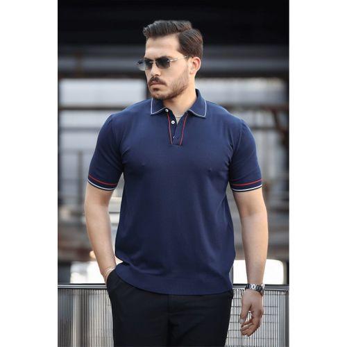 Premium Şerit Detaylı Viskon Polo Yaka Triko Erkek T-Shirt - Lacivert