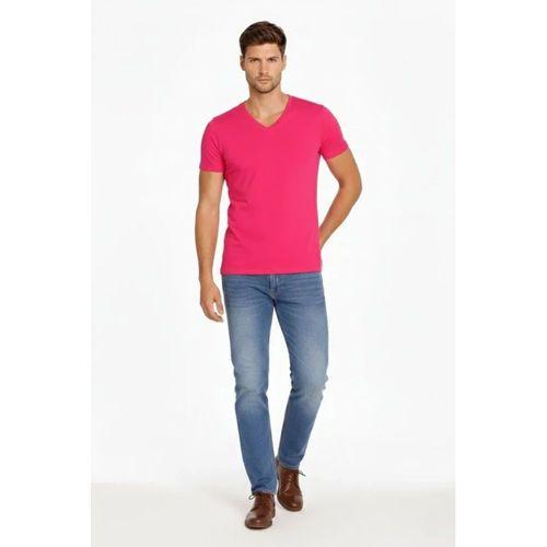 Erkek T-Shirt V Yaka Slim Fit Dar Kesim Likralı Tişört Günlük Basic Body - Pembe