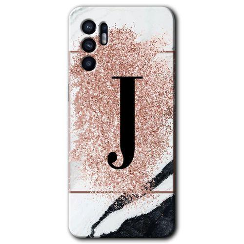 MRCİLETİSİM Oppo Reno 6 Kılıf HD Desen Baskılı Arka Kapak + Temperli Cam - Pembe Mermer Desenli J Harfi