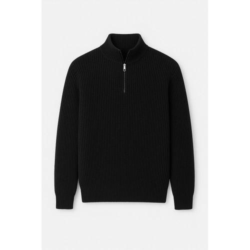Nolan Oversize Selanik Örgü Yarım Fermuar Erkek Triko Kazak - Siyah