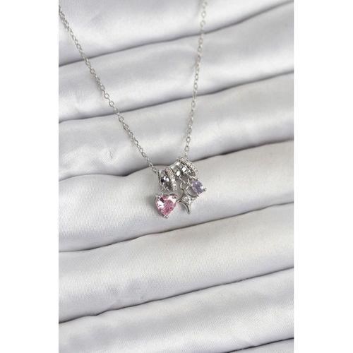 316L Çelik Gümüş Pembe Zirkon Taşlı Charmlı Kadın Kolye