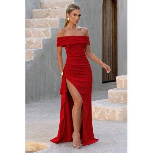 Kadın Madonna Yaka Pileli Derin Yırtmaçlı Uzun Ithal Krep Elbise