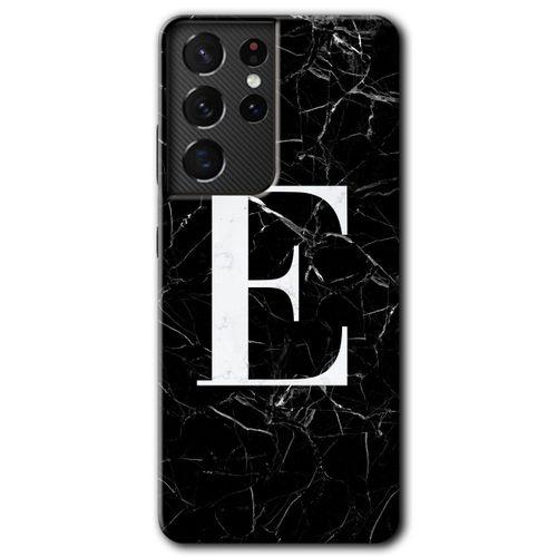 Galaxy S21 Ultra Kılıf HD Desen Baskılı Arka Kapak - Siyah Mermer Desenli E Harfi