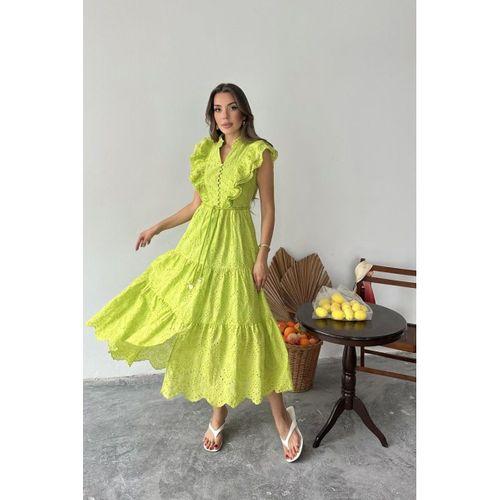 Yağ Yeşili Fırfırlı Düğmeli Elbise