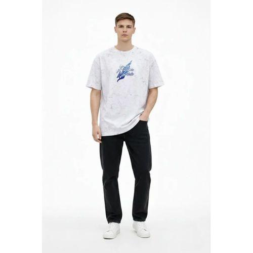 Erkek Asit Yıkamalı Oversize Tişört Future Worlds Baskılı Bisiklet Yaka Kısa Kollu Streetwear %100 Pamuk Street Style T-Shirt - Beyaz